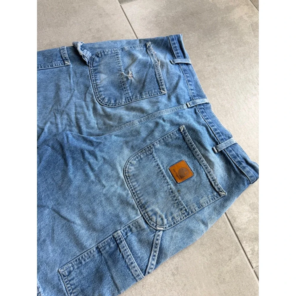 Vintage Carhartt R28 DST Mens 34 Blue Denim Carpenter Shorts Distressed Workwear - Picture 10 of 11